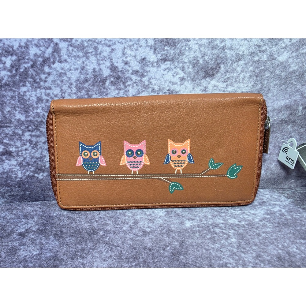 Union Code Brown Genuine Leather Owl RFID Zip Around Wallet New